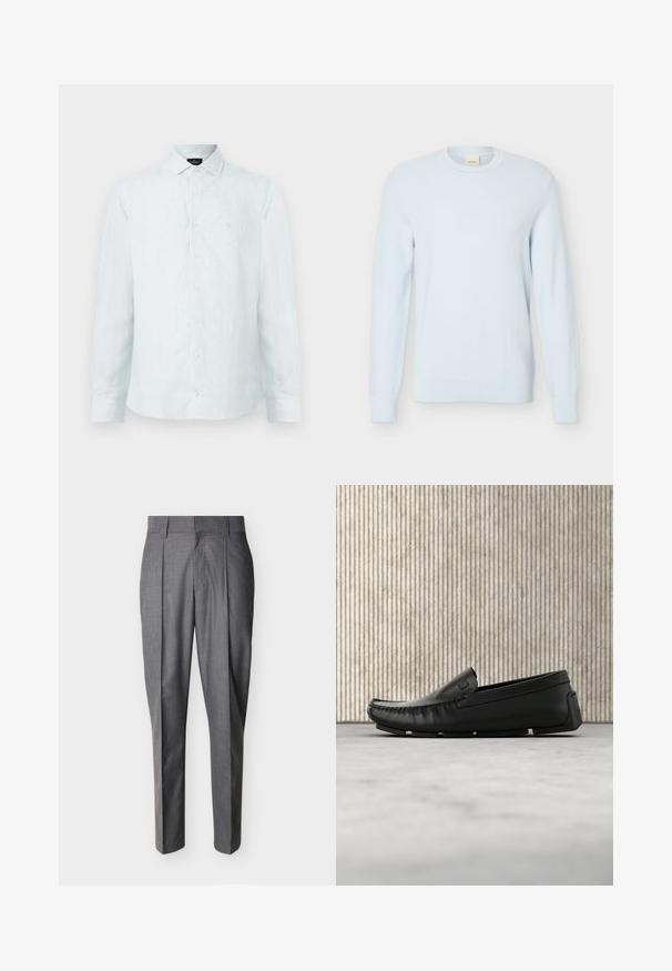 Pull en maille bleu clair à manches longues avec encolure ronde et motif texturé, présenté sur un fond blanc uni.; Chemise à boutons pour homme en bleu clair avec des rayures verticales blanches, col classique, manches longues et logo subtil sur la poitrine.; Pantalon de tailleur gris avec plis et passants pour ceinture, présenté à plat sur un fond blanc.; Mocassin en cuir noir flottant au-dessus d'un sol beige couvert de moquette à côté d'une table en verre arrondie de couleur ambre.