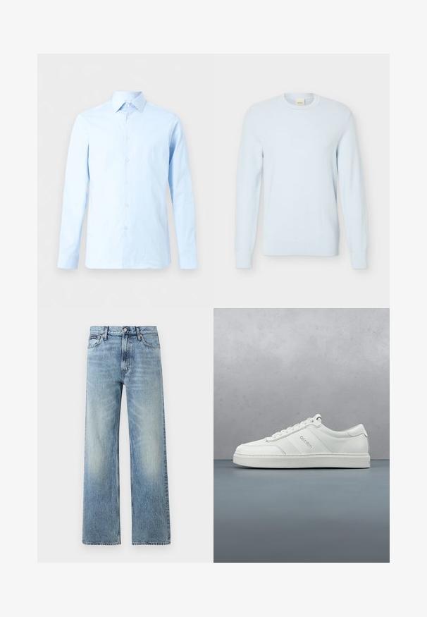 Pull en maille bleu clair à manches longues avec encolure ronde et motif texturé, présenté sur un fond blanc uni.; Chemise de ville pour homme à manches longues bleu clair avec patte de boutonnage à l'avant et col pointu, présentée sur un fond blanc uni.; Jean droit en denim bleu clair avec taille haute, cinq poches, fermeture à boutons et léger délavage sur les cuisses et les genoux.; Baskets basses blanches avec un lacet, panneaux en cuir texturé et logo discret sur le côté, sur un fond clair uni.