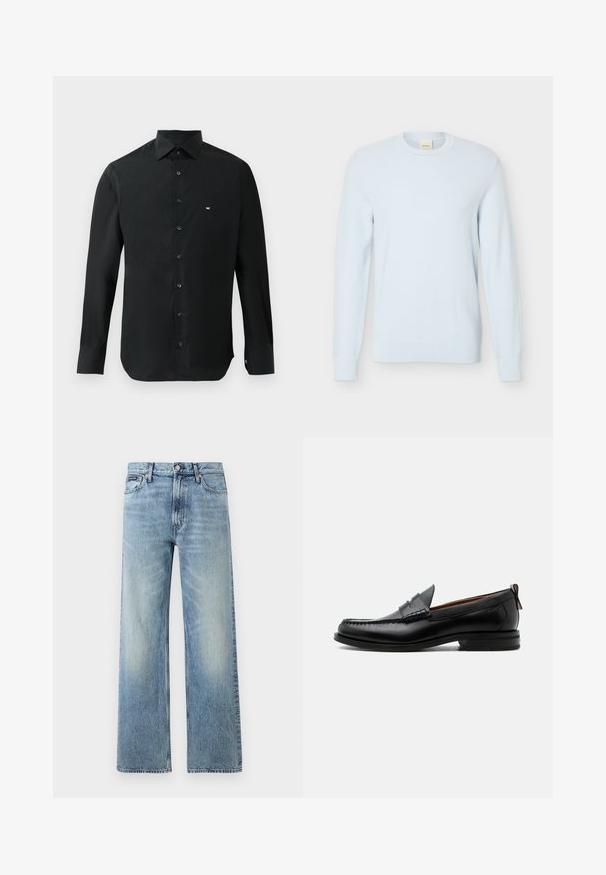 Lichtblauwe gebreide trui met lange mouwen, een ronde hals en een gestructureerd patroon, weergegeven tegen een effen witte achtergrond.; Zwarte longsleeve shirt van gladde stof, met een puntige kraag, knoopsluiting en een klein wit logo op de linkerkant van de borst.; Lichtblauwe denim jeans met rechte pijpen, een hoge taille, vijf zakken, knoopsluiting en subtiele vervaging op de dijen en knieën.; Zwarte leren herensloffen met moc toe stiksel, pennyriem, gestructureerde kraag en lage gestapelde hak op witte achtergrond.