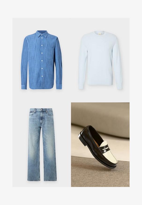 Lyseblå langærmet strikket sweater med rund halsudskæring og tekstureret mønster, vist mod en ensfarvet hvid baggrund.; Blå langærmet skjorte med knapper og lodrette sorte striber samt en brystlomme foran, vist på en hvid baggrund.; Lyseblå denim jeans med lige ben, højt talje, fem lommer, knaplukning og diskrete falmede områder på lår og knæ.; Sort læderloafer med en cremefarvet vamp og sorte accentstriber, som har en lav hæl og detaljeret syning langs kanterne.