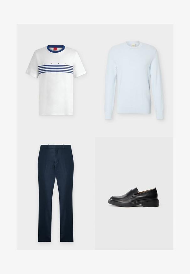 Pull en maille bleu clair à manches longues avec encolure ronde et motif texturé, présenté sur un fond blanc uni.; T-shirt blanc à manches courtes avec col rond bleu, rayures horizontales bleues sur la poitrine et texte "HUGO" au-dessus des rayures.; Pantalon de costume bleu marine à coupe droite avec passants pour ceinture et fermeture éclair sur le devant, présenté sur un fond blanc uni.; Chaussure habillée noire en cuir, à enfiler, avec un petit talon et un logo Calvin Klein discret sur le côté, présentée de profil sur un fond blanc.