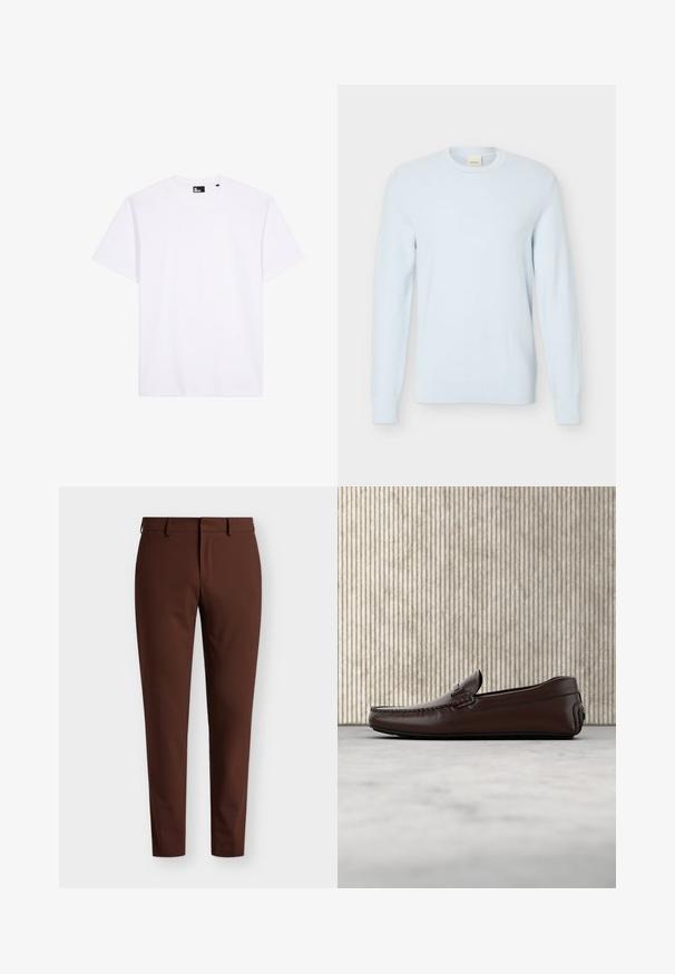 Pull en maille bleu clair à manches longues avec encolure ronde et motif texturé, présenté sur un fond blanc uni.; T-shirt blanc à manches courtes et col rond en tissu lisse, avec une étiquette de marque noire à l'intérieur du col.; Pantalon marron sur mesure en tissu lisse ; il présente un design épuré avec une taille plate et des passants de ceinture.; Mocassins en cuir marron avec une finition lisse, des coutures de style mocassin, un bout rehaussé et une semelle en caoutchouc basse et flexible.