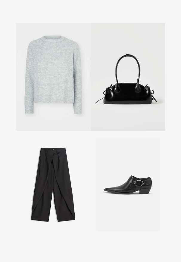 Light grey pullover sweater with a crew neck, long sleeves, and a soft, textured finish. No visible patterns or hardware details.; Black wide-leg pants made from smooth fabric, featuring two front pockets and a pleated design with two buttons at the waist.; Black leather ankle boots with a pointed toe, featuring a front leather strap and silver buckle detail, and a low, block heel.; Small black glossy handbag with two long handles and side drawstring details on a plain light background.