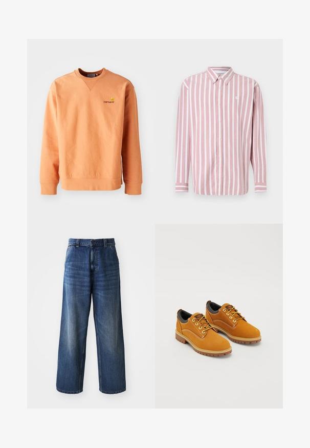 Orange sweatshirt med lange ærmer og rund hals. Ribbet manchetter og kant, med et lille gult Carhartt-logo på brystet. Blød tekstur.; Stribet skjorte med knapper i pink og hvid. Har krave, lange ærmer og et lille logo. Fremstillet af vævet stof.; Højtaljede blå denimjeans med vid benvidde, der har subtil falming, forlommer og en knaplukning i taljen.; Brune ruskindssko med rund tå, gule snørebånd, en polstret sort krave og gummisåler med skridsikre riller.