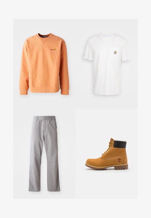 Orange sweatshirt med lange ærmer og rund hals. Ribbet manchetter og kant, med et lille gult Carhartt-logo på brystet. Blød tekstur.; Hvid bomulds T-shirt med korte ærmer, en brystlomme, og et lille firkantet logo patch i orange og hvid på lommen.; Grå bomuldsbukser med lige ben-design, der har en frontknaplukning og bæltestropper. Glat tekstur og minimal detaljer.; Brune læder ankelstøvle med metaløjer, hvid pelsforing, sort polstret krave, robust sål og præget logo på siden.