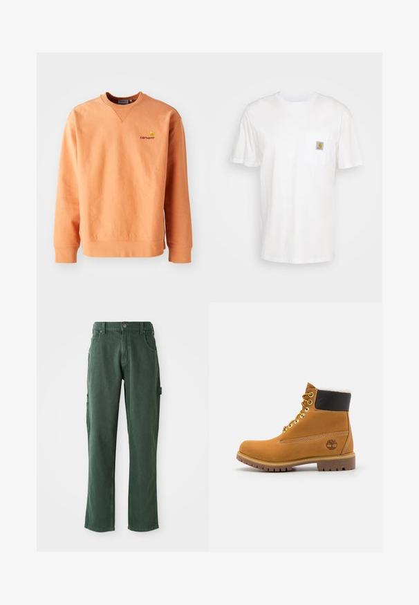 Orange Sweatshirt mit langen Ärmeln und Rundhalsausschnitt. Rippbündchen und Saum, mit einem kleinen gelben Carhartt-Logo auf der Brust. Weiche Textur.; Weißes Baumwoll-T-Shirt mit kurzen Ärmeln, einer Brusttasche und einem kleinen quadratischen Logopatch in Orange und Weiß auf der Tasche.; Grüne Cargo-Hosen aus Baumwollmischung mit geradem Schnitt, Taschen und tonalem Stepp. Glatte Textur mit subtiler Ausstrahlung.; Braune Leder-Ankle-Boots mit Metallösen, weißem Kunstfellfutter, schwarzem gepolstertem Kragen, robustem Sohlenprofil und geprägtem Logo an der Seite.