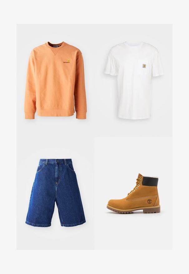 Orange sweatshirt med lange ærmer og rund hals. Ribbet manchetter og kant, med et lille gult Carhartt-logo på brystet. Blød tekstur.; Hvid bomulds T-shirt med korte ærmer, en brystlomme, og et lille firkantet logo patch i orange og hvid på lommen.; Denimshorts med en blå vask, med en høj talje, to forlommer og gul syning langs sømmene.; Brune læder ankelstøvle med metaløjer, hvid pelsforing, sort polstret krave, robust sål og præget logo på siden.