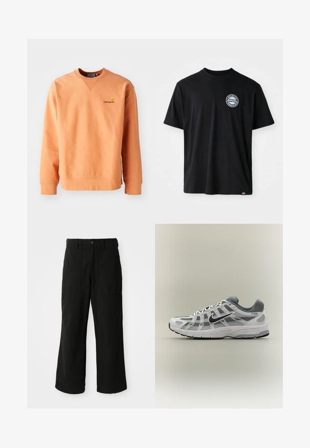Oranžová mikina s dlhými rukávmi a okrúhlym výstrihom. Pružné manžety a spodný lem, s malým žltým logom Carhartt na hrudi. Mäkkučká textúra.; Čierne bavlnené tričko s okrúhlym logom na hrudi. Krátke rukávy a dizajn s okrúhlym výstrihom, priama línia na spodnom leme.; Čierne nohavice s širokými nohavicami vyrobené z mäkkej látky, s prednými vreckami a zapínaním na gombík v páse. Minimalistický dizajn bez viditeľných vzorov.; Biela a sivá teniska Nike P-6000 s čiernym logom, sieťovinovými panelmi a štruktúrovanou podrážkou, zobrazená v bočnom profile na neutrálnom pozadí.