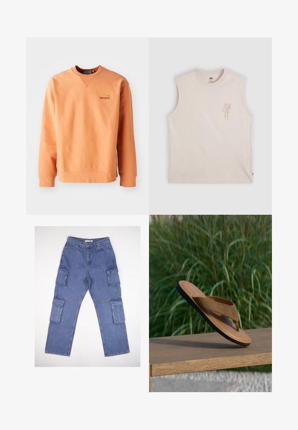 Sudadera naranja de manga larga y cuello redondo. Puños y dobladillo acanalados, con un pequeño logo amarillo de Carhartt en el pecho. Textura suave.; Camiseta sin mangas beige con cuello redondo, con un pequeño y sutil gráfico de una persona en el pecho izquierdo y una etiqueta Levi's en la costura lateral.; Pantalones cargo de mezclilla azul con múltiples bolsillos laterales, un diseño de pierna recta y una cinturilla clásica. La tela tiene una ligera textura y desvanecimiento.; Sandalia tanga marrón con correa texturizada y suela negra, equilibrada en el borde de un banco de madera, con plantas verdes desenfocadas en el fondo.