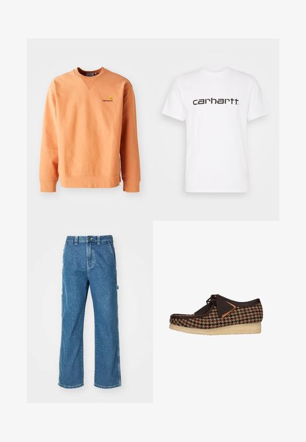 Orange sweatshirt med lange ærmer og rund hals. Ribbet manchetter og kant, med et lille gult Carhartt-logo på brystet. Blød tekstur.; Hvid bomulds t-shirt med korte ærmer og rund halsudskæring. Har et stort "carhartt" logo i mørkebrun på tværs af brystet.; Blå denim cargo bukser med en afslappet pasform, der har sidelommer, lynlås og kontrastsyninger på sømmene.; Brun tekstil sko med houndstooth-mønster, læderdetaljer og snørebåndsdesign. Tykk, tekstureret sål giver støtte og stabilitet.