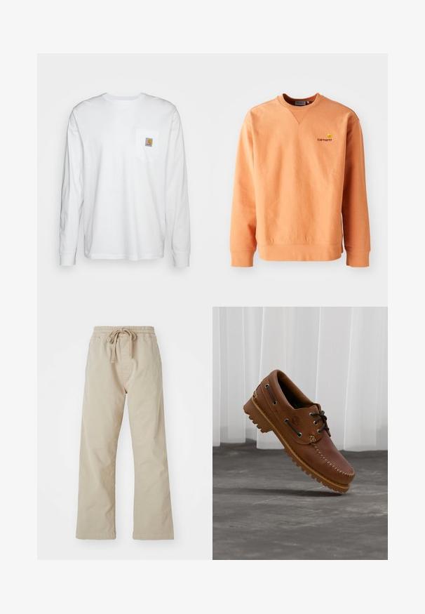 Oranje sweatshirt met lange mouwen en een ronde hals. Ribbelmanchetten en -zoom, met een klein geel Carhartt-logo op de borst. Zachte textuur.; Wit katoenen overhemd met lange mouwen, met een borstzakje met een vierkante logo patch. Eenvoudig ontwerp met een ronde halslijn en manchetten.; Beige katoenen broek met een elastische tailleband en trekkoord. Recht gesneden ontwerp, zachte textuur en geen zichtbare patronen of accenten.; Bruine leren bootschoen met zwarte veters, beige stiksel en een robuuste zool, zwevend boven een grijze betonnen vloer.