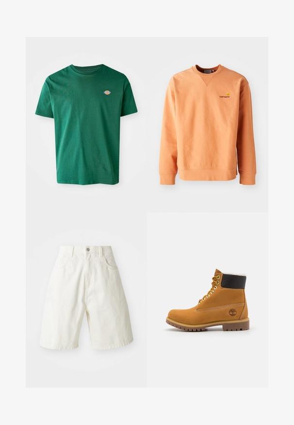 Orange sweatshirt med lange ærmer og rund hals. Ribbet manchetter og kant, med et lille gult Carhartt-logo på brystet. Blød tekstur.; Grøn bomulds T-shirt med rund halsudskæring, korte ærmer og et lille multicolor logo på venstre bryst. Blød tekstur, afslappet design.; Hvide denimshorts med en afslappet pasform, der har en talje, fem lommer og lige ben. Stoffet har en let tekstur.; Brune læder ankelstøvle med metaløjer, hvid pelsforing, sort polstret krave, robust sål og præget logo på siden.