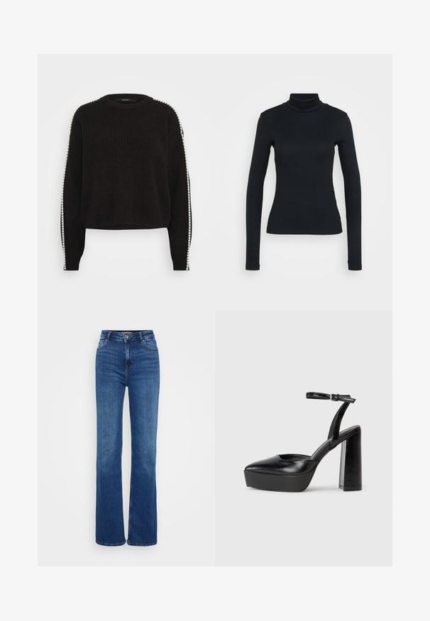Suéter negro de punto con cuello redondo, que presenta franjas blancas a lo largo de las mangas y un tejido texturizado. Longitud corta y corte relajado.; Jersey de cuello alto de manga larga negro con una silueta ajustada sobre un fondo claro.; Vaqueros de tiro alto y pernera acampanada en denim azul oscuro. Presenta cinco bolsillos, costuras sutiles y un cierre de botón. Textura suave con un corte clásico.; Zapatos de tacón negro con punta afilada y correa ajustable en el tobillo. Confeccionados en cuero suave, presentan un tacón grueso.