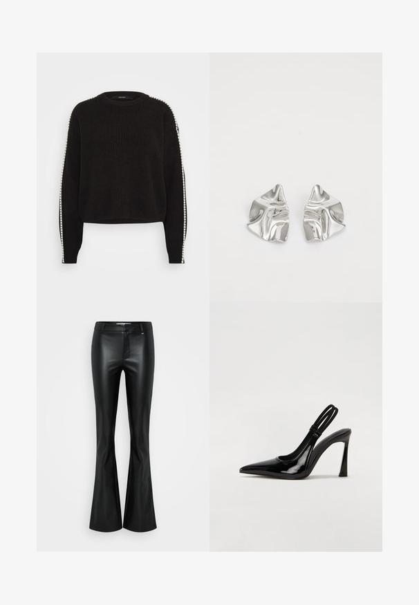 Pull noir en tricot avec un col rond, présentant des rayures blanches le long des manches et un tissu texturé. Longueur cropped et coupe décontractée.; Pantalons évasés en simili cuir noir avec une texture lisse, une taille mi-haute et des coutures structurées, dotés d'une fermeture éclair et de passants de ceinture.; Escarpin en cuir verni noir à talon aiguille, à bout pointu, avec une sangle élastique double pour un maintien sécurisé. Surface lisse et brillante.; Boucles d'oreilles en métal argenté avec un design ondulé et sculptural, présentant une finition polie et des formes irrégulières, mettant en valeur une esthétique contemporaine.