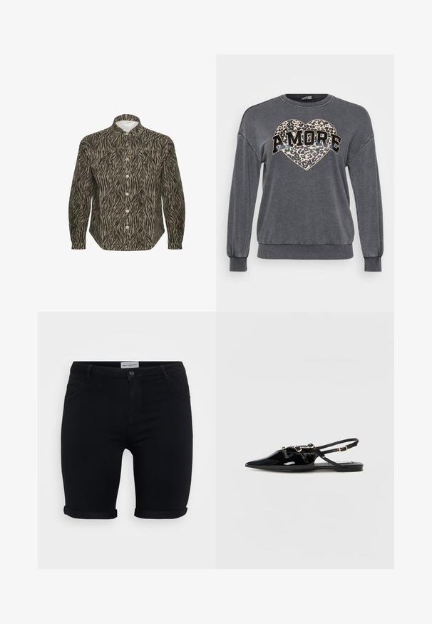 Sweatshirt gris à manches longues, avec des poignets côtelés et un col arrondi. Présente un cœur en imprimé léopard et "AMORE" en texte noir gras.; Chemise à boutons dans un motif zèbre beige et noir, avec un col structuré, des manches longues et des boutons avant bien en évidence.; Shorts en denim noir avec ourlets roulés, dotés d'une fermeture à bouton à l'avant, de passants de ceinture et de deux poches avant. Texture lisse, design ajusté.; Chaussures slingback en cuir verni noir avec un bout pointu, dotées de brides croisées et d'accents de quincaillerie dorée. Semelle plate.
