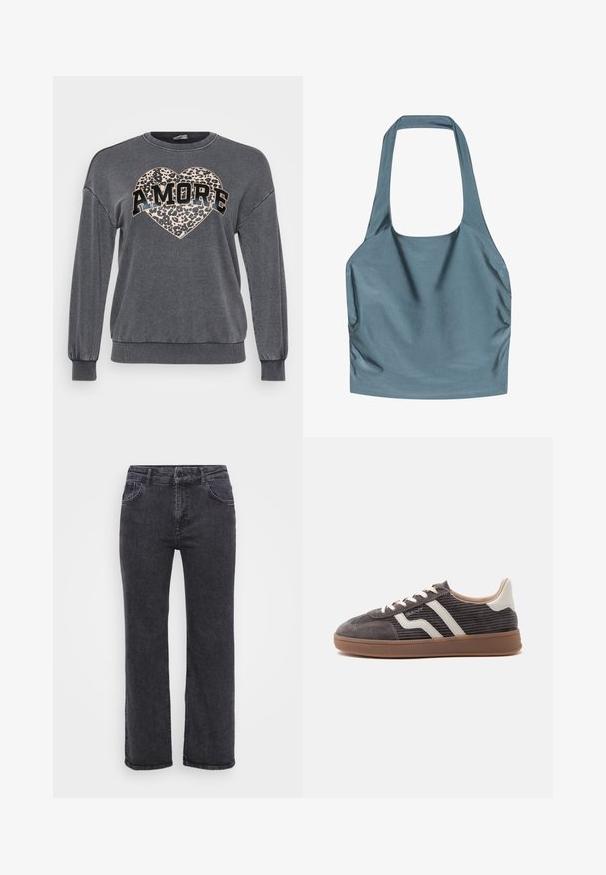 Grå sweatshirt med lange ærmer, ribbede manchetter og rund halsudskæring. Har et leopardprint hjerte og "AMORE" i fed sort tekst.; Halter-top i en afdæmpet blå farve, lavet af glat, skinnende stof med siderynkninger og firkantet udskæring.; Sorte denim jeans med lige ben design, fem lommer og knaplukning. Stoffet har en let falmet tekstur og robust syning.; Enkel mørkegrå sneaker med hvide læderdetaljer, teksturerede sider, hvide snørebånd og en brun gummisål, vist fra siden på en ensfarvet baggrund.