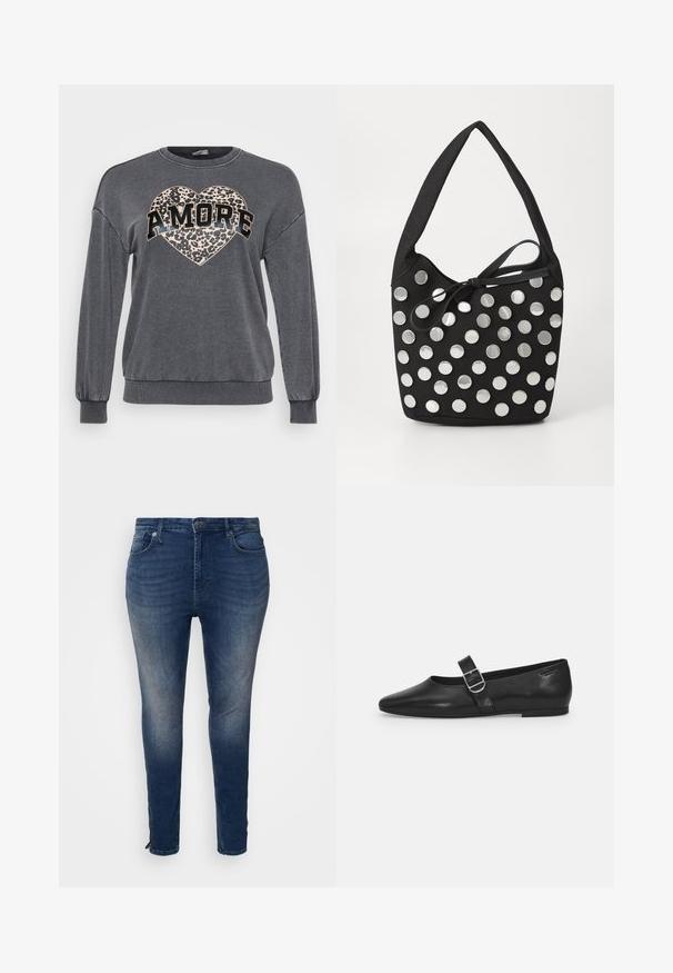 Sudadera gris de manga larga, con puños acanalados y un escote redondeado. Presenta un corazón de estampado de leopardo y la palabra "AMORE" en texto negro en negrita.; Jeans de mezclilla de color azul oscuro con un diseño ajustado, cinco bolsillos, costuras en contraste y un detalle de dobladillo con cremallera en los tobillos.; Zapato plano de cuero negro con punta redondeada, una sola correa ajustable con hebilla y una textura suave y brillante. Diseño minimalista con un tacón bajo.; Bolso de tela negro con forma redondeada, adornado con tachuelas metálicas circulares plateadas dispuestas en un patrón, y un detalle de tela atado.