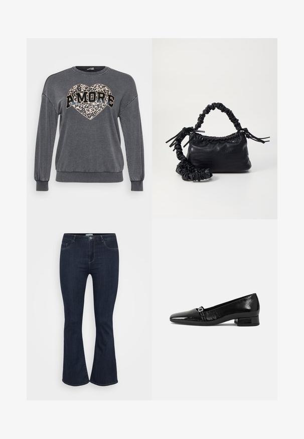 Sudadera gris de manga larga, con puños acanalados y un escote redondeado. Presenta un corazón de estampado de leopardo y la palabra "AMORE" en texto negro en negrita.; Jeans de mezclilla de tiro alto en azul oscuro, con un ajuste ceñido en los muslos y un ligero acampanado en la parte inferior, que cuentan con bolsillos frontales y cierre de botón.; Bailarinas de charol negro con punta afilada, tacón cuadrado bajo y un pequeño detalle de hebilla metálica en la correa. Textura suave.; Bolso de mano de imitación cuero negro con textura de cocodrilo, parte superior fruncida y correa arrugada. Presenta un diseño suave y compacto.