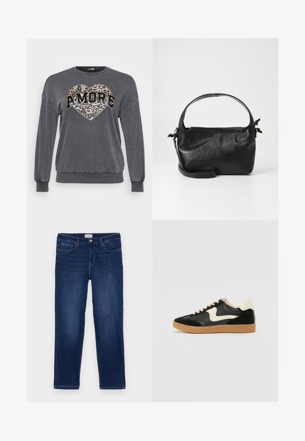 Grauer Pullover mit langen Ärmeln, gerippten Bündchen und rundem Halsausschnitt. Mit einem Leopardenmuster-Herz und dem Wort "AMORE" in fettem schwarzen Text.; Dunkelblaue Denim-Jeans im geraden Schnitt, mit Fünf-Taschen-Design, sichtbaren Nähten und einem Metallknopfverschluss am Bund.; Schwarze Wildleder- und Leder-Sneaker mit einem cremefarbenen Seiten-Swoosh und einer hellcremefarbenen Ferse. Ausgestattet mit beige Schnürsenkeln und einer Gummilaufsohle.; Schwarze Lederhandtasche mit strukturiertem Design, rundem Haltegriff und abnehmbarem Schulterriemen. Sie weist eine glatte Oberfläche und einen subtilen Glanz auf.