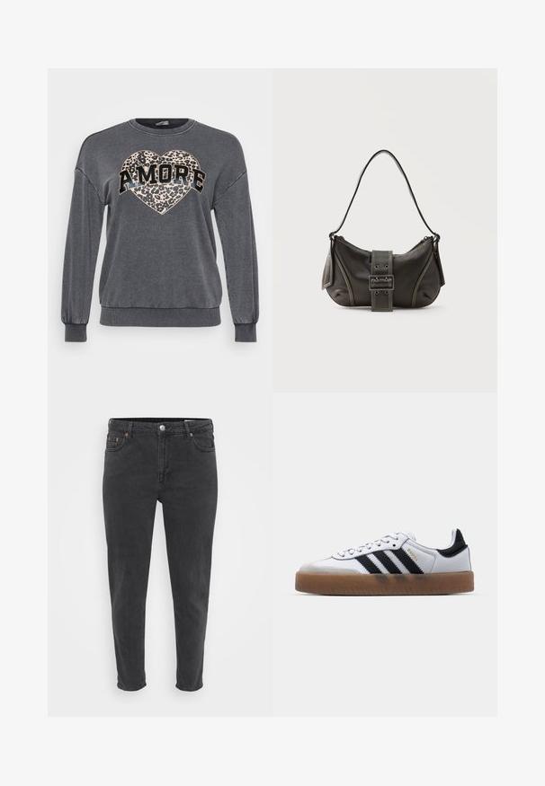 Grå sweatshirt med lange ærmer, ribbede manchetter og rund halsudskæring. Har et leopardprint hjerte og "AMORE" i fed sort tekst.; Slanke sorte denim jeans med frontknap og lynlås, bæltestropper og fem lommer, vist på en ensfarvet lys baggrund.; Hvide lædersneakers med sorte striber, gummirubber sål, rund tå, snørelukning og blød grå ruskinds tåhætte.; Sort læder skuldertaske med spænde på remmen, afrundede kanter og kontrasterende hvide syninger på en ensfarvet baggrund.