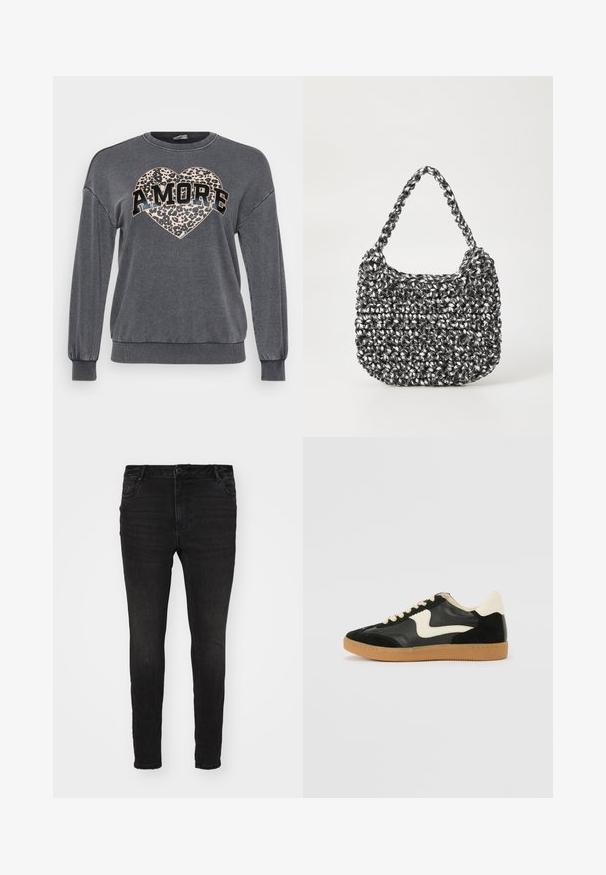 Grauer Pullover mit langen Ärmeln, gerippten Bündchen und rundem Halsausschnitt. Mit einem Leopardenmuster-Herz und dem Wort "AMORE" in fettem schwarzen Text.; Vero Moda Curve Skinny fit VMCFLASH Mid rise - Jeans Skinny Fit - black denim; Schwarze Wildleder- und Leder-Sneaker mit einem cremefarbenen Seiten-Swoosh und einer hellcremefarbenen Ferse. Ausgestattet mit beige Schnürsenkeln und einer Gummilaufsohle.; Gewebte Handtasche in Schwarz und Weiß mit runder Form, strukturiertem Oberflächenfinish und geflochtener Grifffläche. Geeignet für den lässigen Gebrauch.