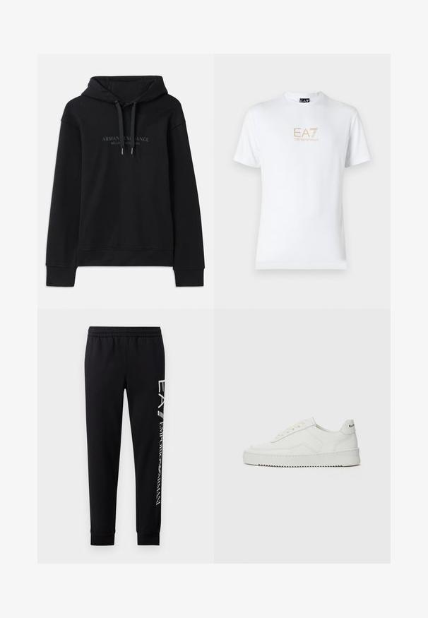 Schwarzer Hoodie aus weichem Material, mit einer verstellbaren Kapuze und gerippten Bündchen. Gesticktes Logo in dunklen Tönen auf der Vorderseite.; Weißes Baumwoll-T-Shirt mit Rundhalsausschnitt und kurzen Ärmeln, mit einem goldenen EA7 Emporio Armani-Logo auf der Vorderseite.; Schwarze Sweatpants aus Baumwollmischung mit elastischem Taillenbund, schmal zulaufenden Beinen, gerippten Bündchen und weißem Logo-Druck entlang der Seite.; Weiße Ledersneaker mit glatter Oberfläche, runder Zehenpartie, flachen Schnürsenkeln und strukturiertem Sohlenprofil. Mit einem dezenten Logo an der Ferse.