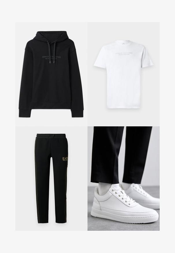 Μαύρη hoodie φτιαγμένη από μαλακό ύφασμα, με κουκούλα που ρυθμίζεται με κορδόνι και ριμπ μανσέτες. Κεντημένο λογότυπο σε σκούρες αποχρώσεις μπροστά.; Λευκό βαμβακερό t-shirt με στρογγυλή λαιμόκοψη, κοντά μανίκια και ανάγλυφο λογότυπο "ARMANI EXCHANGE MILANO/NEW YORK" στο μπροστινό μέρος.; Μαύροι αθλητικοί παντελόνες με στενή σχεδίαση, ελαστική μέση με κορδόνι και χρυσές ρίγες κατά μήκος των πλευρών και του λογότυπου.; Λευκά δερμάτινα αθλητικά παπούτσια με επίπεδη καουτσούκ σόλα, με λείο φινίρισμα, στρογγυλή μύτη και μεταλλικές θηλιές για τα κορδόνια. Φορεμένα με μαύρο παντελόνι.