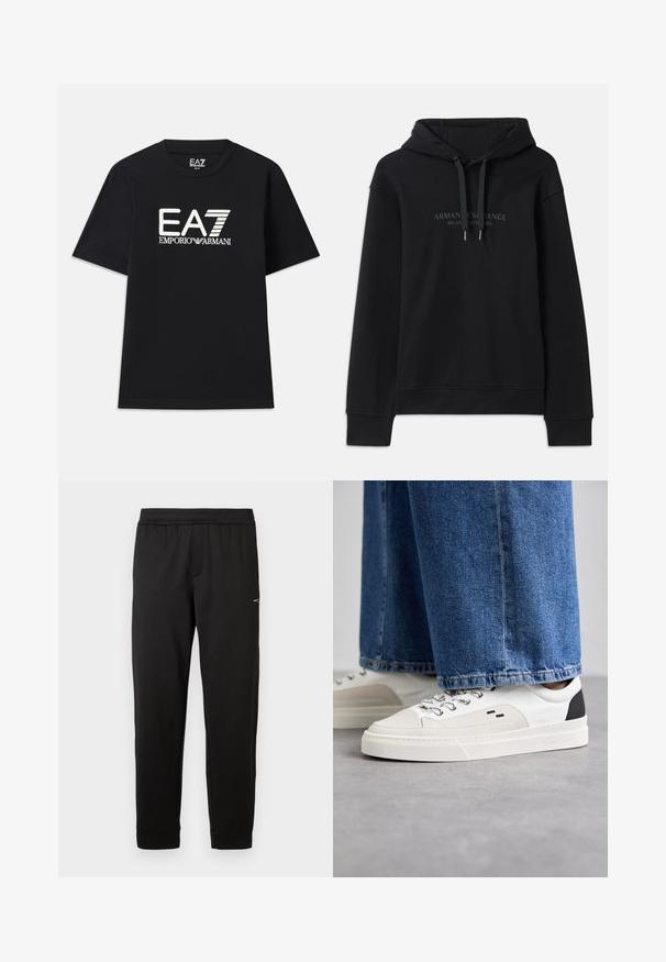 Zwarte hoodie van zacht materiaal, met een capuchon met trekkoord en ribbels aan de mouwen. Geborduurd logo in donkere tinten op de voorkant.; Zwarte T-shirt van katoen, met een ronde hals en korte mouwen. Geborduurd logo "EA7 EMPORIO ARMANI" in het wit op de voorkant.; Zwarte sportbroek gemaakt van zacht materiaal. Elastische tailleband en boorden. Voorzien van een klein logo aan de zijkant. Rechte pijp.; Witte en zwarte sneakers met een glad leren bovenwerk, textuuraccenten en een chunky witte zool. Heeft een klassiek vetersluiting ontwerp.