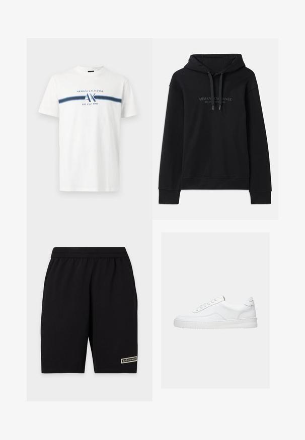 Sweat à capuche noir en tissu doux, avec un cordon de serrage à la capuche et des poignets côtelés. Logo brodé dans des tons sombres sur le devant.; T-shirt blanc à manches courtes avec une bande horizontale bleue et l'inscription "Armani Exchange AX Milano 1991" imprimée sur la poitrine.; Short noir décontracté avec taille élastique et petit logo rectangulaire EA7 Emporio Armani près de l'ourlet inférieur sur la jambe gauche.; Baskets basses blanches avec un design à lacets, dessus en cuir lisse et semelle épaisse, montrées de profil sur un fond uni.