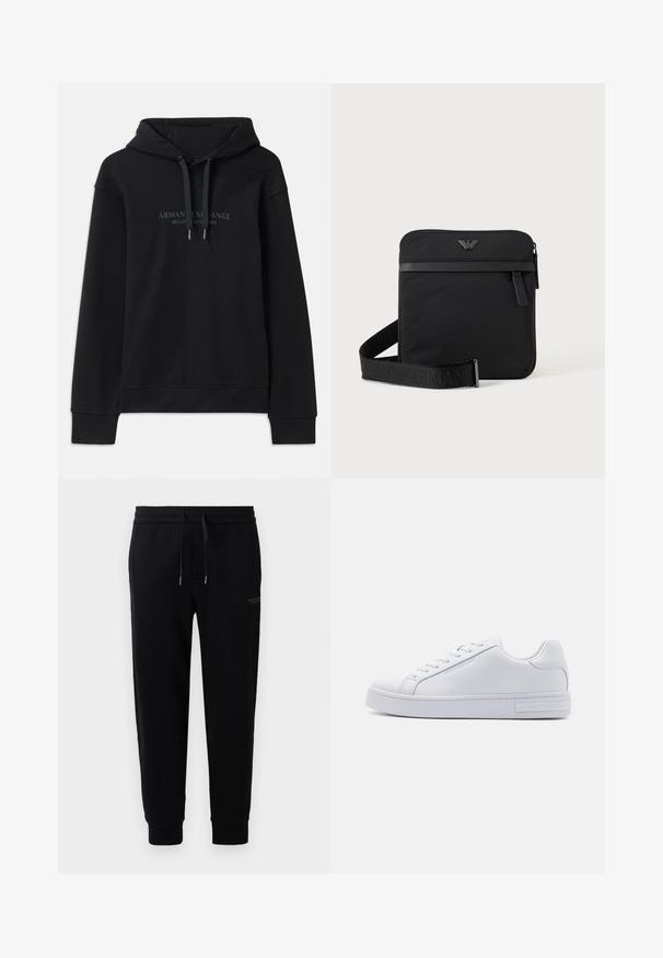 Μαύρη hoodie φτιαγμένη από μαλακό ύφασμα, με κουκούλα που ρυθμίζεται με κορδόνι και ριμπ μανσέτες. Κεντημένο λογότυπο σε σκούρες αποχρώσεις μπροστά.; Μαύρες φόρμες τζόγκινγκ από βαμβακερό μείγμα, με ελαστική μέση και κορδόνι, μανσέτες στα αστραγάλια και διακρι print λογοτύπου στο πλάι.; Λευκό δερμάτινο αθλητικό παπούτσι με λείο υφασμά, στρογγυλή μύτη, πάνω μέρος με κορδόνια και επίπεδη ρυτιδωτή σόλα. Διαθέτει ανάγλυφο λογότυπο στην φτέρνα.; Μαύρη τετράγωνη τσάντα ώμου με φερμουάρ, μπροστινή τσέπη και ρυθμιζόμενο ιμάντα με ανάγλυφο όνομα μάρκας.