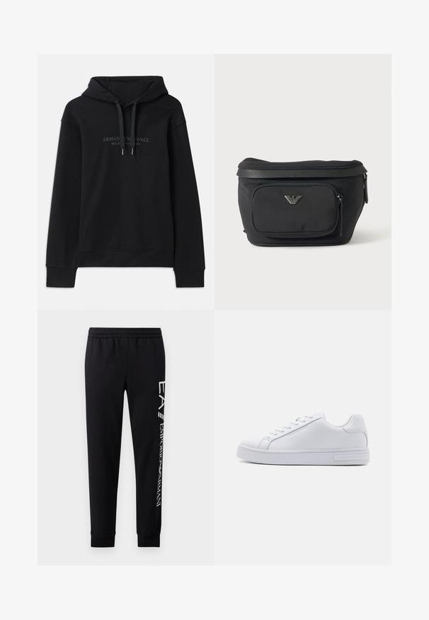 Schwarzer Hoodie aus weichem Material, mit einer verstellbaren Kapuze und gerippten Bündchen. Gesticktes Logo in dunklen Tönen auf der Vorderseite.; Schwarze Sweatpants aus Baumwollmischung mit elastischem Taillenbund, schmal zulaufenden Beinen, gerippten Bündchen und weißem Logo-Druck entlang der Seite.; Weiße Ledersneaker mit glatter Textur, runder Zehenform, Schnürung vorne und flacher Gummisohle. Mit eingeprägtem Branding an der Ferse.; Schwarze Bauchtasche mit Frontreißverschlusstasche und silbernem Adlerlogo, glattes Gewebe mit strukturiertem Besatz und Reißverschlussanhängern.
