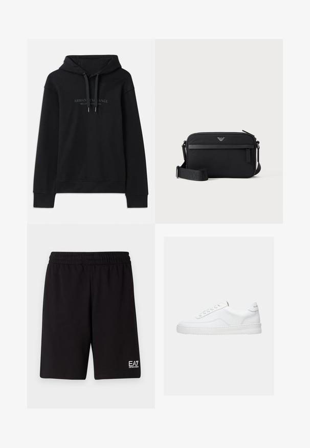 Sweat à capuche noir en tissu doux, avec un cordon de serrage à la capuche et des poignets côtelés. Logo brodé dans des tons sombres sur le devant.; Shorts de sport noirs en tissu doux, avec une taille élastique et un petit logo blanc en bas à droite.; Baskets basses blanches avec un design à lacets, dessus en cuir lisse et semelle épaisse, montrées de profil sur un fond uni.; Sac bandoulière rectangulaire noir avec poche avant zippée, sangle réglable et petit logo métallique en haut au centre.