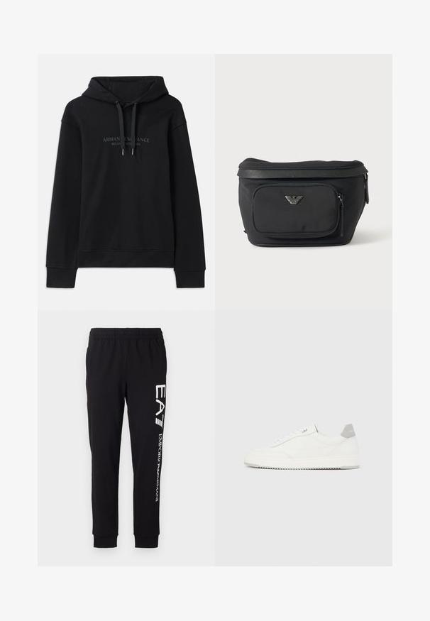 Μαύρη hoodie φτιαγμένη από μαλακό ύφασμα, με κουκούλα που ρυθμίζεται με κορδόνι και ριμπ μανσέτες. Κεντημένο λογότυπο σε σκούρες αποχρώσεις μπροστά.; Μαύρες φόρμες από ελαστικό ύφασμα. Διαθέτουν ελαστική μέση, σφιχτά μπατζάκια και λευκή επωνυμία στο αριστερό πόδι.; Λευκό αθλητικό παπούτσι χαμηλού ύψους με γκρι ταμπ εφφέ στη φτέρνα, λευκά κορδόνια και υφή στη σόλα, απεικονιζόμενο σε απλό ανοιχτόχρωμο φόντο.; Μαύρο τσαντάκι μέσης με μπροστινή τσέπη με φερμουάρ και ασημένιο λογότυπο αετού, λείο ύφασμα με υφή στο τελείωμα και στα τρέσα φερμουάρ.