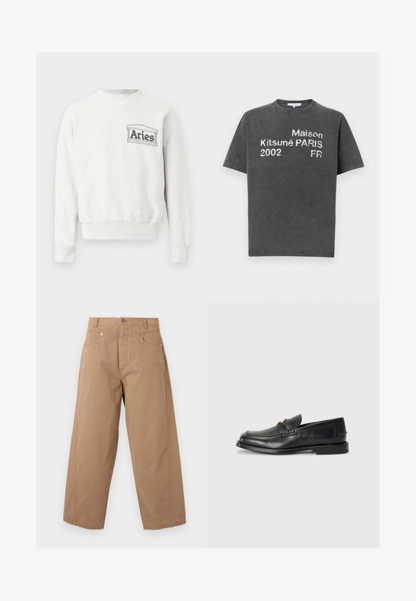Sweat-shirt blanc à manches longues, col rond, avec un petit logo noir « Bélier » encadré par des colonnes sur le côté gauche de la poitrine.; T-shirt à manches courtes gris charbon avec texte imprimé blanc : "Maison Kitsuné PARIS 2002 FR" sur le devant, col rond, style décontracté.; Pantalon beige à jambes larges avec fermeture à boutons et zip à l'avant, deux poches avant, et coutures visibles sur fond blanc.; Des mocassins en cuir noir présentent un bout arrondi, des détails cousus et un petit accent doré à l'avant. La semelle est plate et discrète.