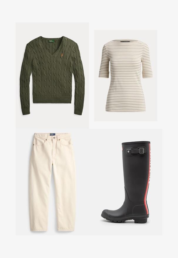 Olivovo zelený pletený sveter s výstrihom do V, dlhými rukávmi a malým oranžovým logom Polo Ralph Lauren na hrudi.; Krémová košeľa s tenkými horizontálnymi béžovými pruhmi a rukávmi do lakťa, s výstrihom lodného tvaru.; Džínsy krémovej farby z denimu, s rovnými nohavicami, prednými vreckami a detailom prešívania. Zapínanie na kovové gombíky a zips.; Čierna gumová dažďová čižma s textúrovaným povrchom, vysoký dizajn, červené a biele vertikálne pruhy, nastaviteľný popruh a detail s prackou.