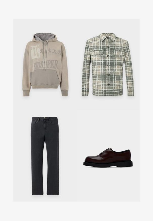 Falmet beige hættetrøje med stort grafisk tryk, der har en lomme og justerbare snore. Indersiden er grå med ribbede manchetter.; Ternede flannelskjorte i grøn, creme og beige. Har knaplukning, to forlommer og krave. Blød tekstur, lange ærmer.; Sorte denimjeans med et lige bendesign, fem lommer og metalhardware-accenter. Stoffet har en glat, let struktureret finish.; Brun poleret læder Oxford-sko med sort sål og snørebånd, sidevisning på ensartet lys grå baggrund.