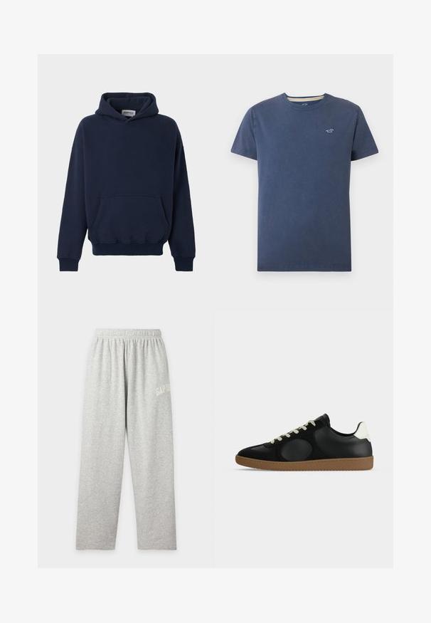 Sweat à capuche bleu marine avec poche kangourou à l'avant, manches longues, poignets et ourlet côtelés, présenté sur un fond uni clair.; T-shirt bleu marine à manches courtes et col rond avec un petit logo de mouette blanche sur la poitrine gauche sur fond clair.; Pantalon de jogging décontracté gris clair avec taille élastique et petit texte blanc "GAP 1969" sur la partie supérieure de la cuisse gauche.; Baskets basses noires avec détail blanc au talon, lacets beiges et semelle en caoutchouc marron, visibles de profil sur fond blanc.