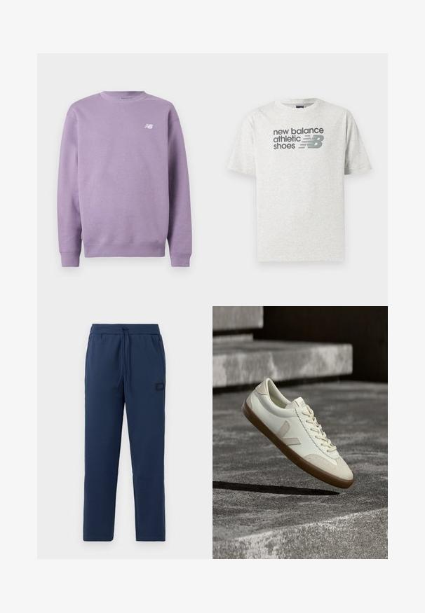 Lavendelfarbenes Sweatshirt mit Rundhalsausschnitt, langen Ärmeln und einem kleinen weißen New Balance Logo auf der oberen linken Brustseite.; Hellgraues T-Shirt mit kurzen Ärmeln mit dem Schriftzug „new balance athletic shoes“ und einem stilisierten „NB“-Logo in Dunkelgrau auf der Brust.; Navyblaue Jogginghosen aus einem weichen Baumwollmix, mit einem elastischen Bund und Kordelzug sowie einem kleinen Markenpatch an der Hüfte.; Weiße Leder-Sneaker mit beige-gummiartiger Sohle, flachen Schnürsenkeln und V-förmigem Akzent an der Seite. Verfügt über eine glatte Oberfläche und minimale Nahtdetails.