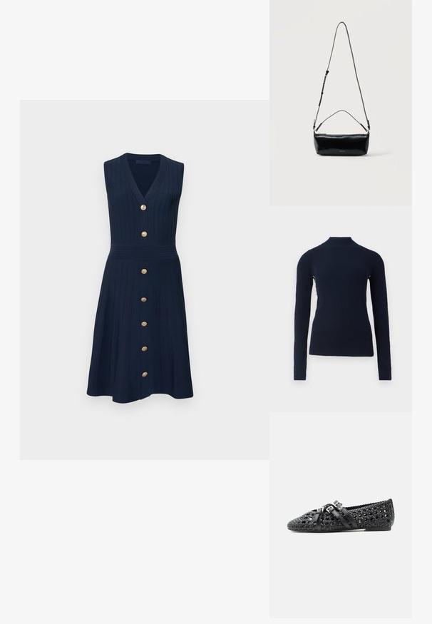 Pull-over en maille côtelée bleu marine à manches longues avec un col montant et une silhouette ajustée, présenté sur un fond blanc uni.; Robe bleu marine sans manches avec col en V, texture côtelée, taille cintrée et une rangée verticale de sept boutons dorés sur le devant.; Chaussure plate noire avec un design tissé, trois brides ajustables avec des boucles argentées, et un bout pointu.; Sac bandoulière rectangulaire en cuir noir avec bandoulière ajustable, fermeture éclair sur le dessus et petit logo Calvin Klein doré sur le devant.