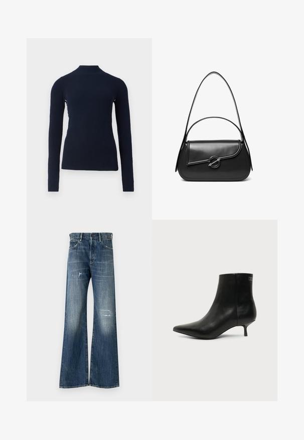 Marineblå ribbestrikket langærmet sweater med mock neck krave og tætsiddende silhuet, vist på en lys hvid baggrund.; Bredde ben denim jeans i mørkeblå, med et distressed design med revnede lapper og subtilt falmende. Klassisk fem-lomme stil.; Sort læder ankelstøvle med spids tå og lav kitten hæl på lys baggrund, der viser yderside.; Sort skuldertaske i læder med en buet klap, der er fastgjort med en rund metal spænde, og en slank, justerbar rem.