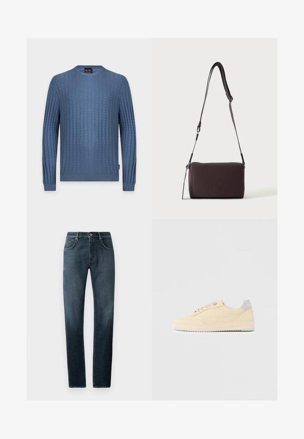 Blå kabelstrikket crewneck sweater med lange ærmer og ribstrikkede kanter ved ærmer, hals og bund, vist på en ensfarvet baggrund.; Mørke denimjeans med lige pasform, klassisk fem-lomme-design, kontrasterende syninger og en subtil slidt effekt på lårene.; Beige lavtop sneaker med snørelukning foran, lyserød sål og grå hællap med mærket "Filling Pieces", vist i profil på ensfarvet baggrund.; Mørkebrun textured læder crossbody taske med justerbar rem og lille dekorativ blå accent på siden.