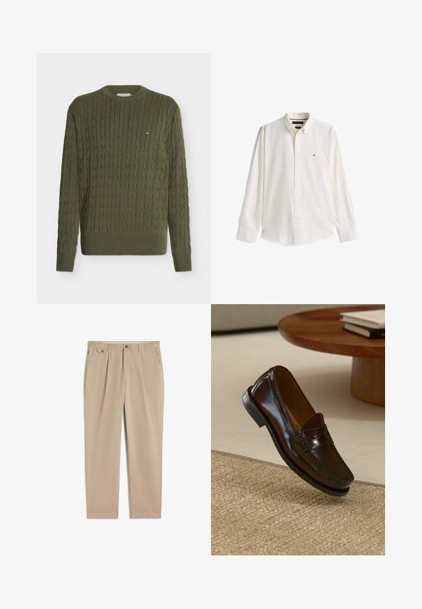 Grøn kabelstrikket sweater med lange ærmer, ribbet manchet og kant samt et lille rektangulært logo på venstre bryst.; Hvid skjorte med lange ærmer, krave og lille Tommy Hilfiger-logo på venstre bryst.; Beige bukser med lige ben, bæltestropper, knaplukning og lynlås foran, sidelommer og plisseret detalje nær taljen.; Brune læder loafers med en blank overflade, der har en syet detalje over fronten og en lavprofil sort gummisål.