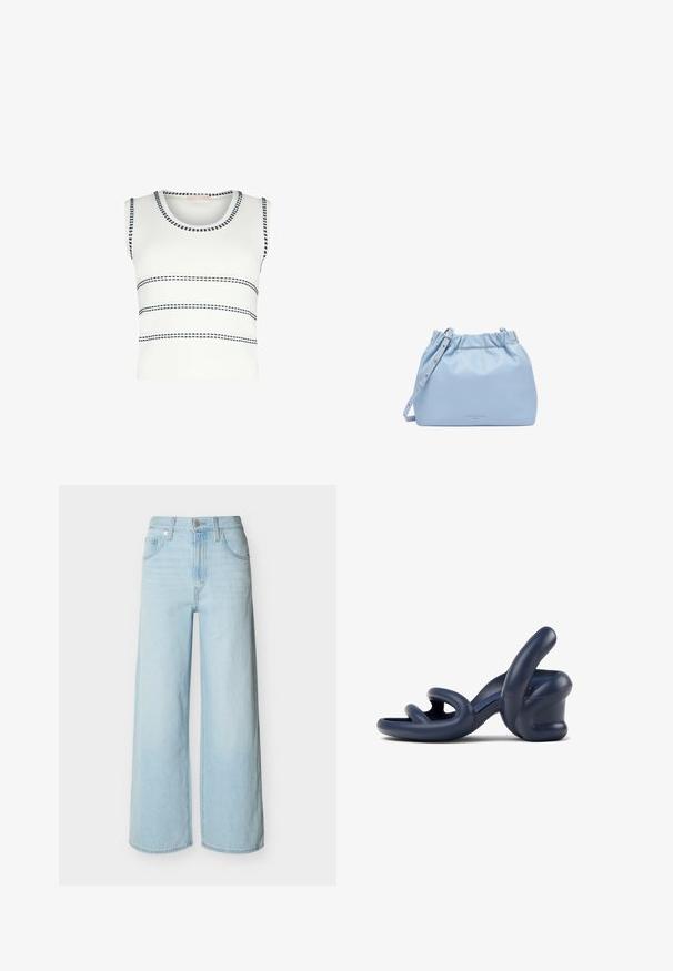 Weißes ärmelloses Strick-Top mit rundem Ausschnitt und marineblauem Zierstich an den Kanten sowie drei horizontalen, genähten marineblauen Streifen auf der Vorderseite.; Hellblaue Jeans mit weitem Bein, vorne mit Knopf- und Reißverschluss, Gürtelschlaufen und klassischem Fünf-Taschen-Design.; Dunkelblaue High-Heel-Sandale aus glattem synthetischen Material; verfügt über gebogene Riemen und ein einzigartiges skulptiertes Absatzdesign.; Hellblaues, weiches Lederhandtasche mit gerafftem oberen Rand, verstellbarem Schulterriemen und dezentem, eingeprägtem Logo auf der Vorderseite.