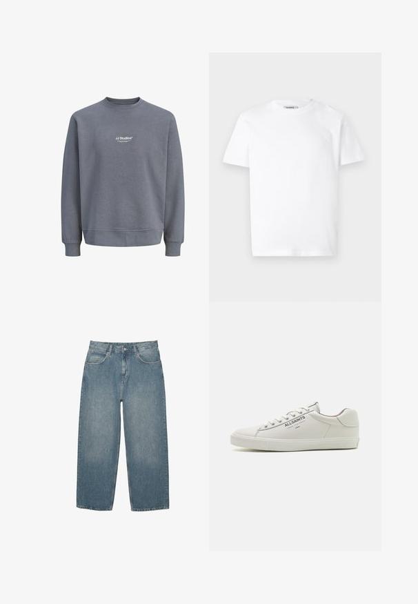 Grijze crewneck trui met lange mouwen en een wit "JJ Studios" tekstlogo gecentreerd op de borst.; Witte katoenen t-shirt met een ronde hals en korte mouwen. Bevat een klein, reliëf logo op de linker borst. Soepele textuur.; Blauwe high-waisted straight-leg jeans met voorzakken, riemlussen, knoopsluiting en subtiele vervaging op een witte achtergrond.; Witte leren sneakers met een laag ontwerp, textuur rubberen zool en het "ALLSAINTS" logo aan de zijkant. Standaard vetersluiting.