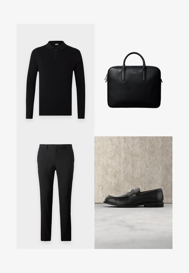 Camisa polo de manga larga negra con textura acanalada, tapeta de tres botones y un cuello suave. Diseño simple y versátil.; Pantalones negros a medida en una tela suave. Presentan un diseño de pierna recta, pliegues frontales y trabillas para cinturón para un tamaño ajustable.; Mocasín de cuero negro con una placa metálica de marca apoyado cerca de una mesa redonda marrón sobre un suelo alfombrado beige.; Maletín de cuero negro texturizado con doble asa y tiradores de cremallera plateados, centrado sobre fondo blanco.