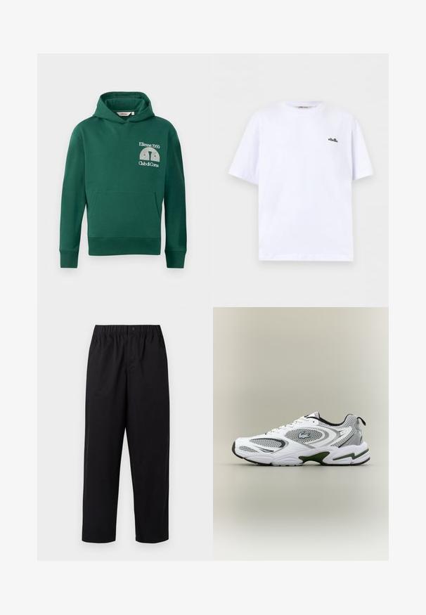 Vihreä huppari, joka on valmistettu puuvillasekoitteesta. Hupparissa on edessä kengurutasku ja brodeerattu logo, jossa on tekstit "Ellesse 1959" ja "Club di Corsa".; Valkoinen lyhythihainen T-paita pyöreällä pääntiellä, jossa pieni musta ellesse-logo vasemmassa rinnassa, yksinkertaista taustaa vasten.; Mustat, leveälahkeiset housut, joissa on joustava vyötärö ja yksi nappi. Valmistettu sileästä, kevyestä kankaasta. Suora helma.; Valkoiset ja harmaat urheilulliset juoksukengät, joissa on verkkomaiset paneelit, vihreät yksityiskohdat, mustat yksityiskohdat ja logo sivulla, kuvattuna ulkosivusta.