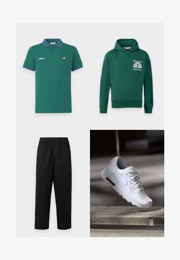 Grøn hættejakke lavet af en bomuldsblanding, med en frontkangaroo lomme og broderet logo med teksten "Ellesse 1959" og "Club di Corsa".; Grøn polo shirt lavet af bomuld med en kontrasterende blå krave og manchetter. Har et broderet logo og et lille farverigt design på brystet.; Sorte, vide ben bukser med elastisk talje og en enkelt knap. Lavet af et glat, letvægtsstof. Lige kant.; Hvide Nike Air Max 90 sneakers med en overdel i mesh og læder, perforeret tåboks og en synlig luftenhed i hælen.