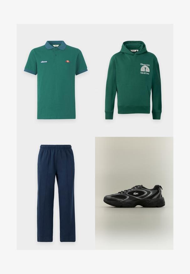 Grüne Kapuzenjacke aus Baumwollmischung, ausgestattet mit einer vorderen Kängurutasche und gesticktem Logo mit dem Text "Ellesse 1959" und "Club di Corsa".; Grünes Polohemd aus Baumwolle mit einem kontrastierenden blauen Kragen und Bündchen. Verfügt über ein gesticktes Logo und ein kleines farbenfrohes Design auf der Brust.; Marineblaue Hosen mit elastischem Bund und entspannter Passform. Mit vertikalen Nähdetails und weichem Baumwollstoff.; Schwarzer und grauer Sportschuh mit Netzpaneelen, Schnürdesign, dicker Sohle und einem kleinen Krokodil-Logo an der Seite.