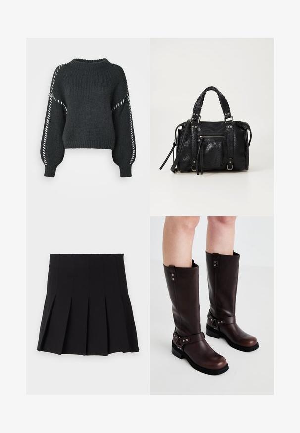 Vero Moda VMFENG O NECK - Svetrík - asphalt; Čierna skladaná sukňa s priliehavým opaskom, vyrobená z hladkej tkaniny. Má niekoľko vertikálnych plisov pre štruktúrovaný siluetu.; Hnedé kožené čižmy po kolená s hladkou textúrou, s širokým pásom a trojuholníkovými kovovými doplnkami, ploché gumové podrážky.; Čierna textúrovaná taška z faux kože s vrúbkovanými popruhmi, striebornými kovovými detailmi a prednou zipsovou kapsou. Kompaktný dizajn s odnímateľným ramenným popruhom.