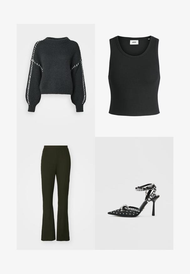 Vero Moda VMFENG O NECK - Pullover - asphalt; Débardeur noir à côtes avec un col rond et sans manches ; fabriqué à partir d'un tissu doux et extensible pour le confort et l'ajustement.; Pantalons évasés vert foncé avec une taille élastique. Fabriqués en tissu texturé, ils présentent une coupe décontractée et une longueur complète.; Chaussure à talon haut noire à bout pointu avec ornements cloutés, bride à la cheville et tissu texturé. Présente un nœud décoratif et des accents métalliques.